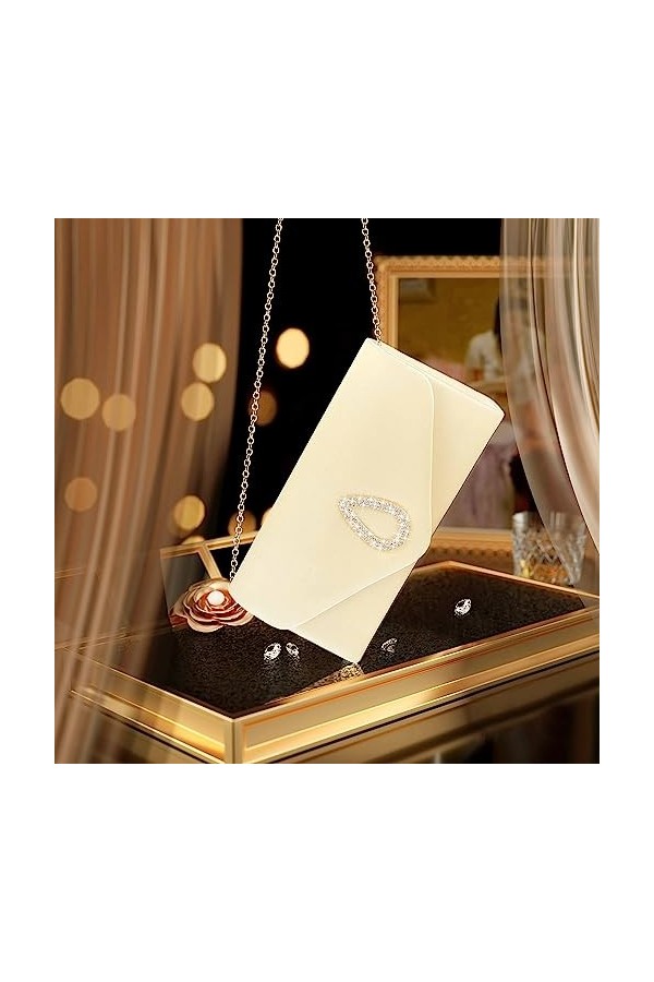 Larcenciel Sacs à Main Soirée Femme, Pochettes Dorée Satin Strass avec Chaîne Métallique, Rétro Pochettes et Clutches Femme, 