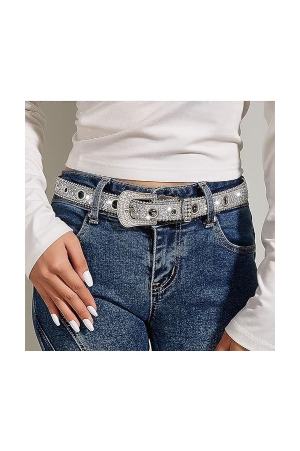 INOGIH Ceintures en strass pour femmes Ceinture en cuir maigre Bling de cowgirl occidental pour les robes de jeans, argent, 1