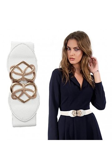 Trimming Shop Blanc Ceinture Pour Femmes Filles Avec Doré Forme Coeur Boucle, Extensible à Élastique Large Décontracté Fête C