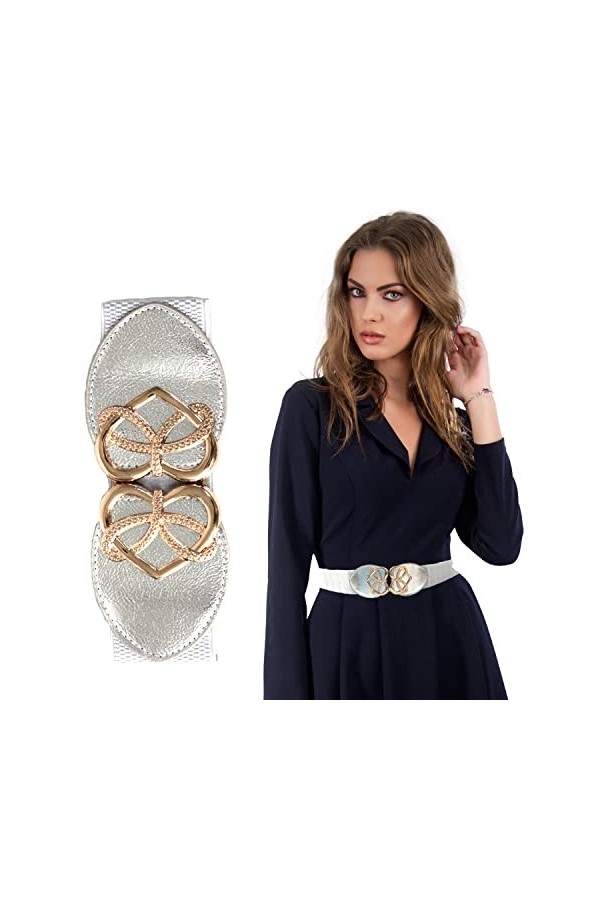 Trimming Shop Blanc Ceinture Pour Femmes Filles Avec Doré Forme Coeur Boucle, Extensible à Élastique Large Décontracté Fête C