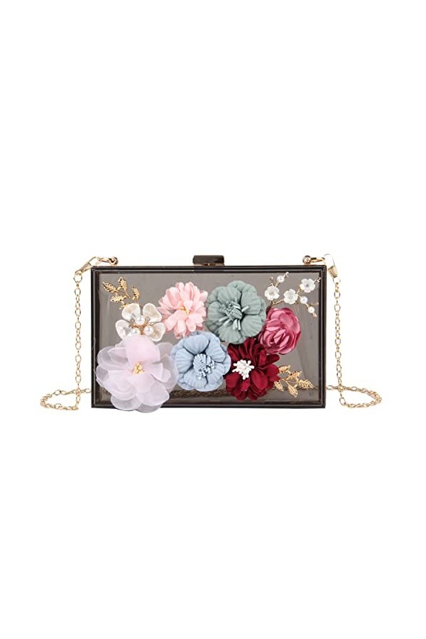EVEOUT Pochettes et Clutches pour Femmes Sac à Main en Acrylique Transparent avec Fleur Sac dépaule pour Le Mariage Bal de P