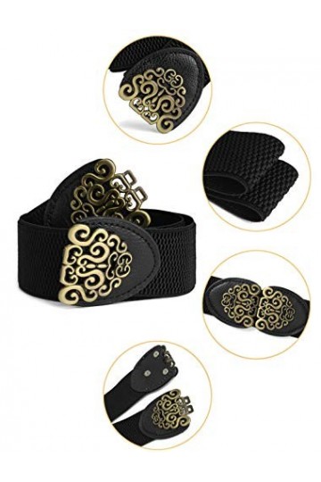 Sourcingmap Femmes ton or fleur Design métal boucle de verrouillage élastique Cinch ceinture ceinture Noir Buckle-Cloud S
