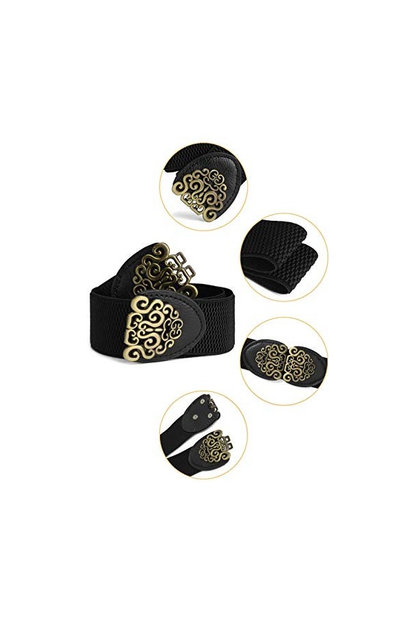 Sourcingmap Femmes ton or fleur Design métal boucle de verrouillage élastique Cinch ceinture ceinture Noir Buckle-Cloud S