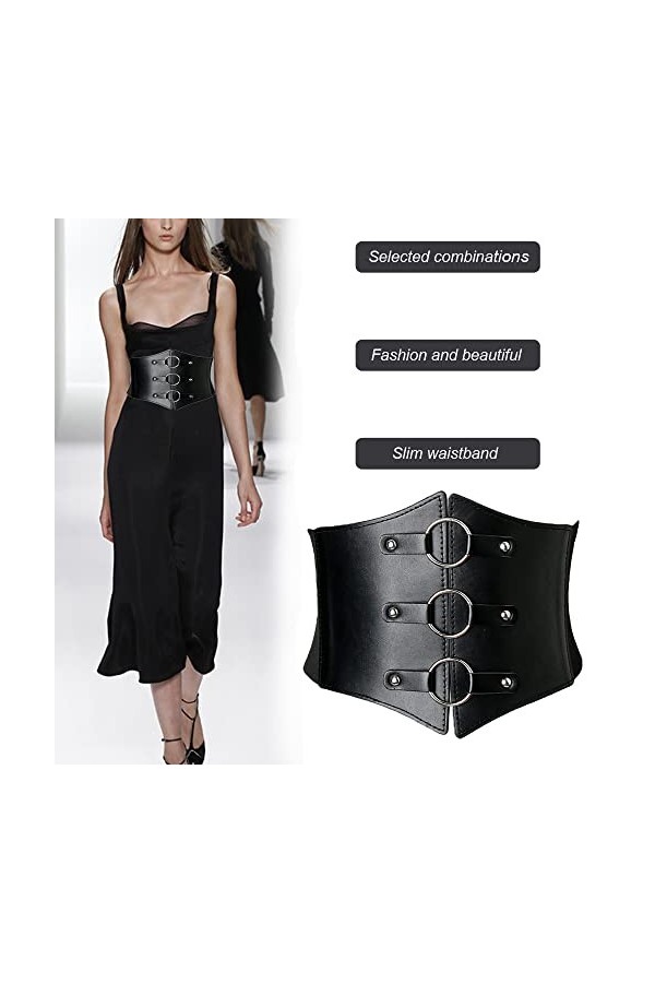 Weenkeey Ceinture corset élastique large pour femme - Ceinture vintage en cuir synthétique avec boucle à 3 anneaux - Noir, no