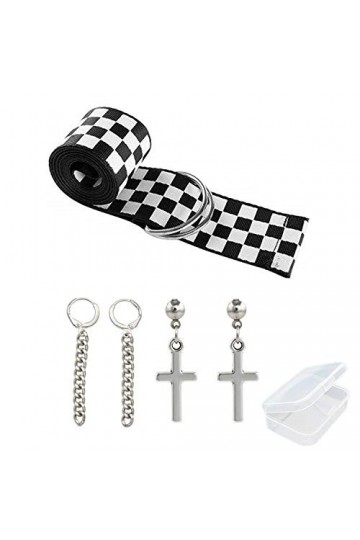 PPX Femmes Ceintures en Damier et 2 paires BTS Boucles Doreilles Set-Ceintures en Toile avec Casual Men Hommes Femmes Damier
