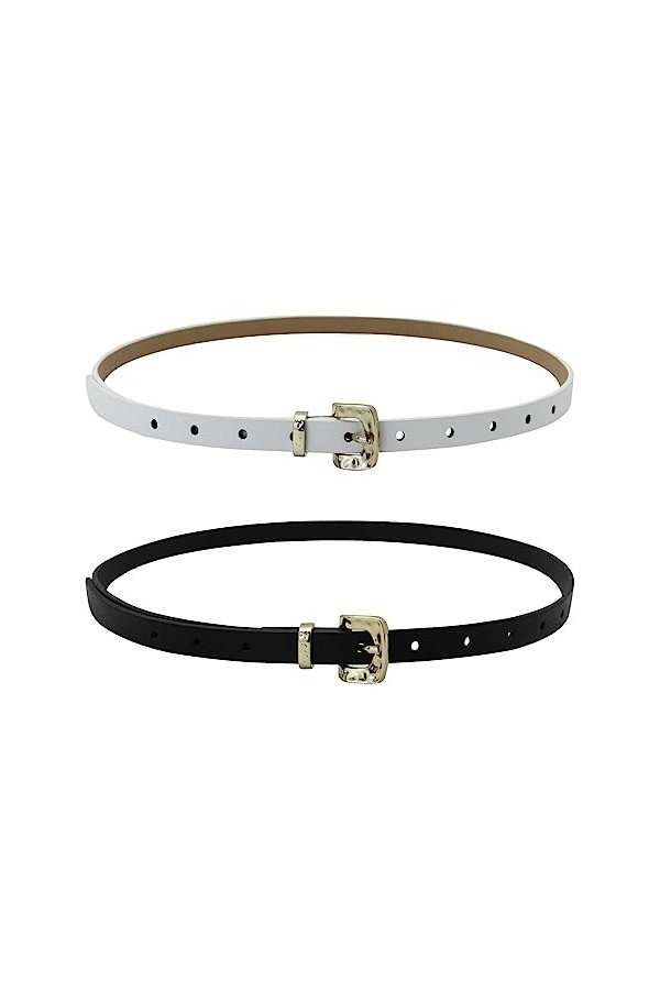 Feelorna Lot de 2 ceintures de taille skinny pour femme, fines et réglables, en cuir, avec boucle dorée, pour robe, jean, pan