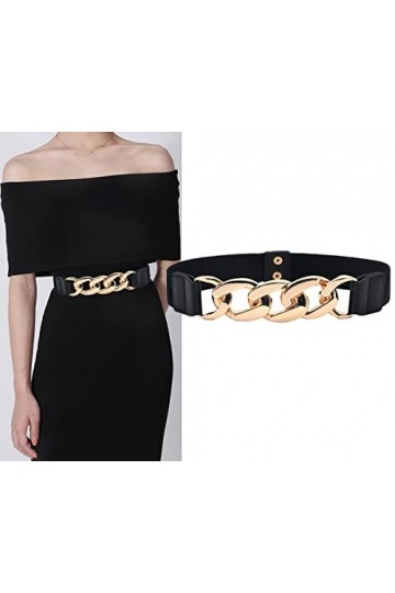 Liitata Ceinture large et élastique pour femme - Chaîne en métal - Ceinture large - Ceinture en cuir synthétique - Pour robe 