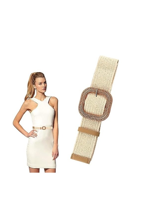 Mikiuly Ceinture Élastique en Paille, Ceinture de Taille en Paille Tissée, Ceinture Paille Femme, avec 1 Boucle de Ceinture C
