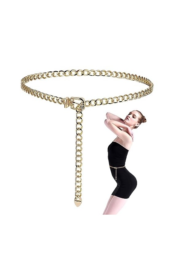 WLLHYF Ceinture à chaîne dorée Mode Réglable Long Gland Corps en Métal Ventre Creux Décoré Ceinture Fine Femme Fille Robe Pul