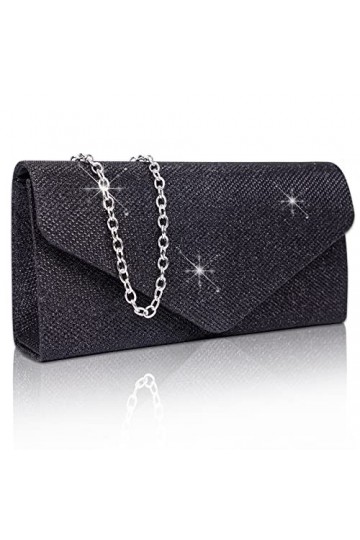 Larcenciel Pochettes et Clutches Femme, Sac de Soirée en Paillettes Brillant Noir avec Chaîne, Chic Sac à Main Femmes Bandoul