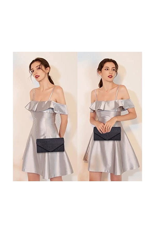 Larcenciel Pochettes et Clutches Femme, Sac de Soirée en Paillettes Brillant Noir avec Chaîne, Chic Sac à Main Femmes Bandoul