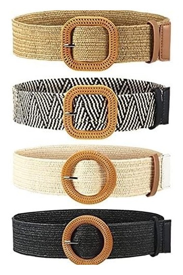 Lassuzie 4 Pièces Ceinture en Paille Tissée Femme Ceinture Fine Élastiquée Ceinture de Robe Stretch Tressée avec Boucle de Co