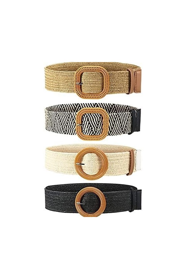 Lassuzie 4 Pièces Ceinture en Paille Tissée Femme Ceinture Fine Élastiquée Ceinture de Robe Stretch Tressée avec Boucle de Co
