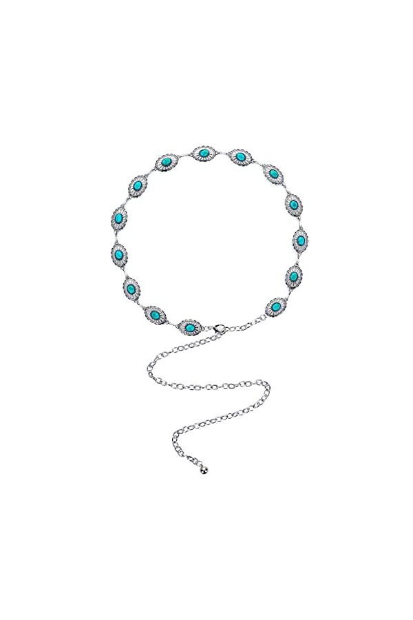 Yolev Ceinture Femme Turquoise Concho Chaîne Sangle Argent Ceinture Métal Taille Pierre Chaîne Réglable Western Ceinture Jean