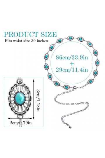 Yolev Ceinture Femme Turquoise Concho Chaîne Sangle Argent Ceinture Métal Taille Pierre Chaîne Réglable Western Ceinture Jean