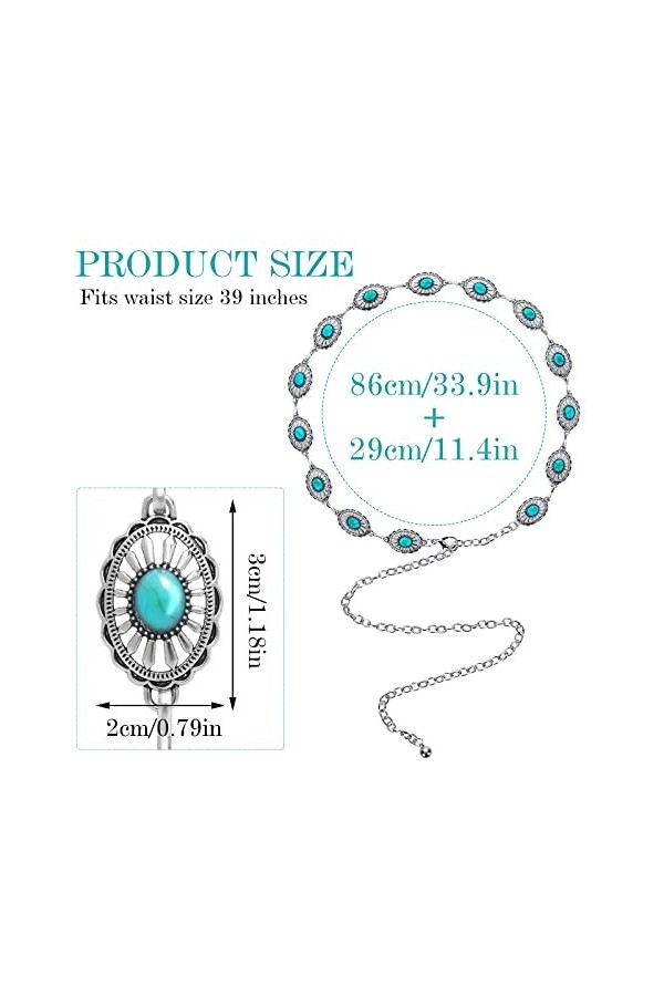 Yolev Ceinture Femme Turquoise Concho Chaîne Sangle Argent Ceinture Métal Taille Pierre Chaîne Réglable Western Ceinture Jean
