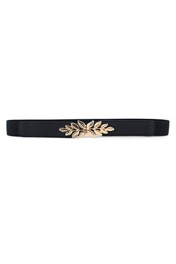 Diyafas Extensible Ceinture Fine pour Femme Décorative Ceintures de Robe Élastique avec Boucle de Feuille Noir