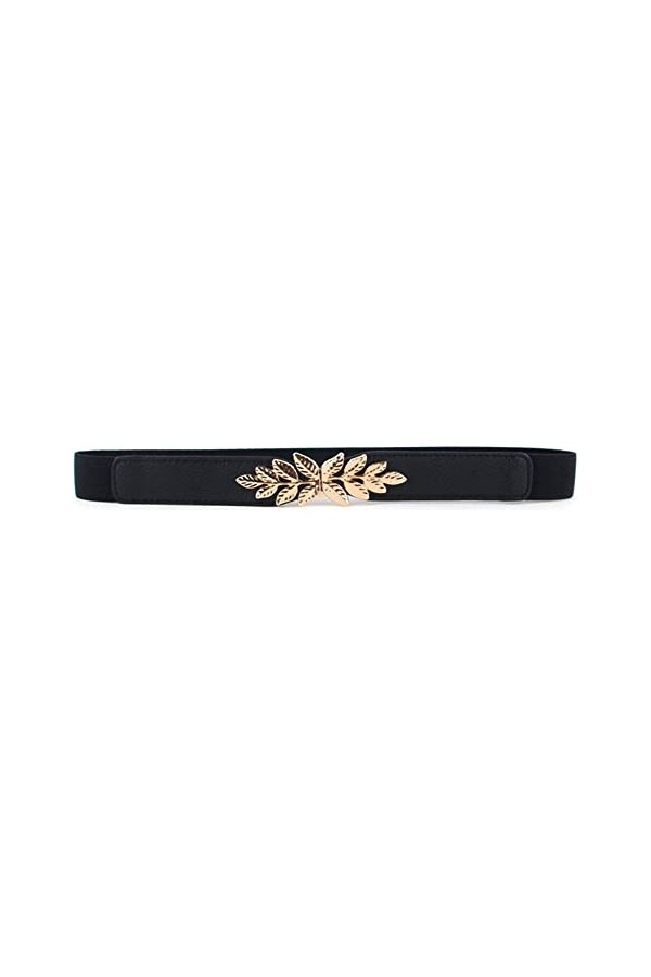 Diyafas Extensible Ceinture Fine pour Femme Décorative Ceintures de Robe Élastique avec Boucle de Feuille Noir