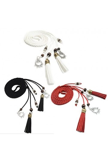 Ceinture Tricotée Fine en Cuir PU avec Franges et Perles Accessoire Rétro pour Femmes noir+tan 