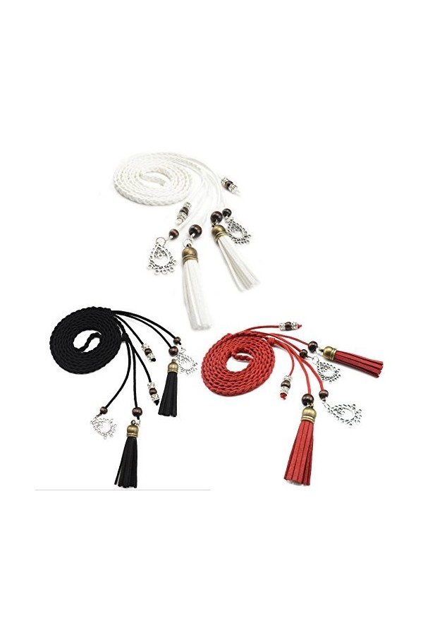 Ceinture Tricotée Fine en Cuir PU avec Franges et Perles Accessoire Rétro pour Femmes noir+tan 