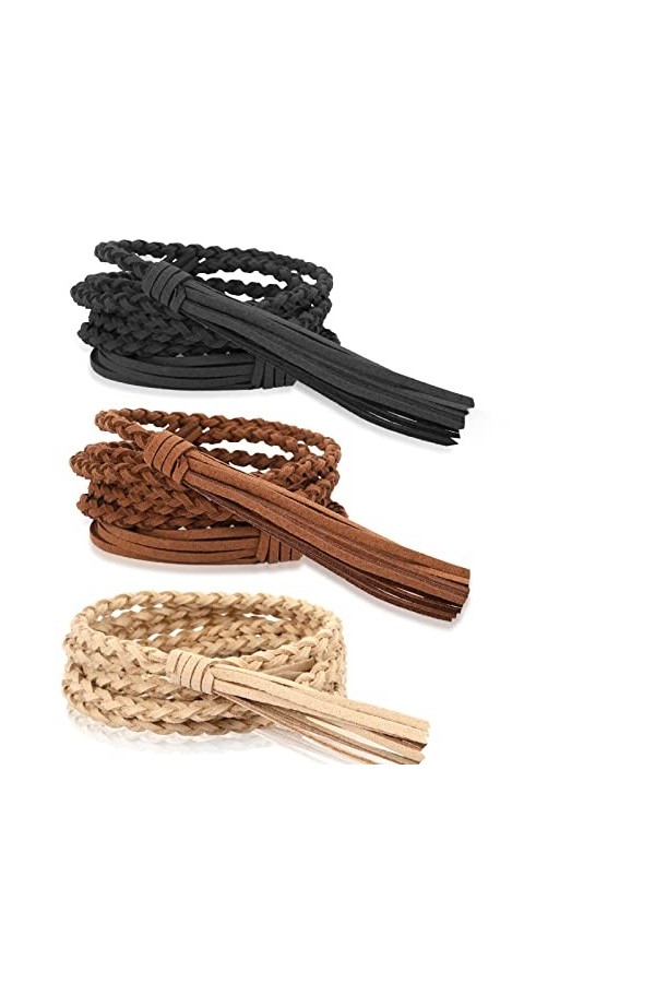 Yolev 3 Pièces Dames Tressé Ceinture Mince Frange Ceinture Couleur Unie Taille Réglable Chaîne Jupe Corde Convient Robes Jean