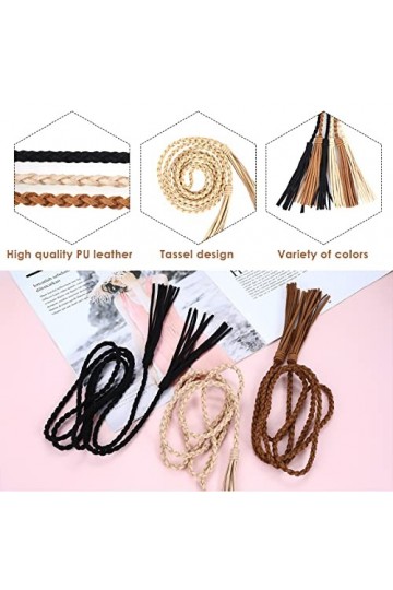 Yolev 3 Pièces Dames Tressé Ceinture Mince Frange Ceinture Couleur Unie Taille Réglable Chaîne Jupe Corde Convient Robes Jean