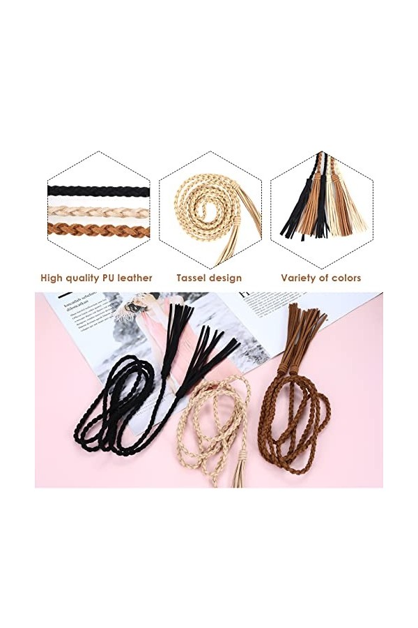 Yolev 3 Pièces Dames Tressé Ceinture Mince Frange Ceinture Couleur Unie Taille Réglable Chaîne Jupe Corde Convient Robes Jean