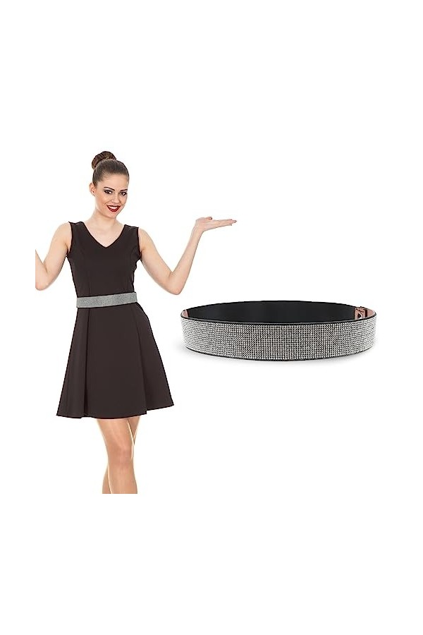 Bewudy Rhinestone Ceinture élastique pour femme PU brillant cristal stretch taille femme robe stretch ceinture mode scintilla