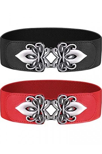 2 Pièces Ceinture Taille Large Élastique Ceinture de Cinch Rétro Femmes Stretch Ceinture en Métal Boucle Vintage Rouge et No