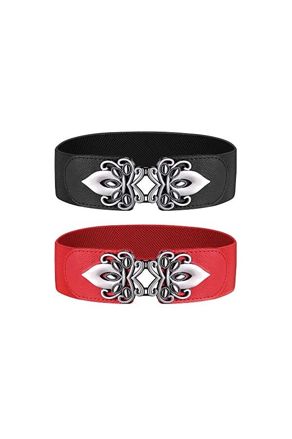 2 Pièces Ceinture Taille Large Élastique Ceinture de Cinch Rétro Femmes Stretch Ceinture en Métal Boucle Vintage Rouge et No