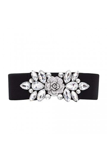 WedDecor Ceinture élastique large avec motif floral en strass tendance pour femme Taille unique Noir - Noir - 80