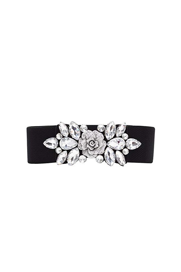 WedDecor Ceinture élastique large avec motif floral en strass tendance pour femme Taille unique Noir - Noir - 80
