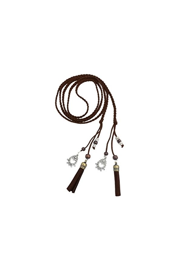 Ceinture Tricotée Fine en Cuir PU avec Franges et Perles Accessoire Rétro pour Femmes café 