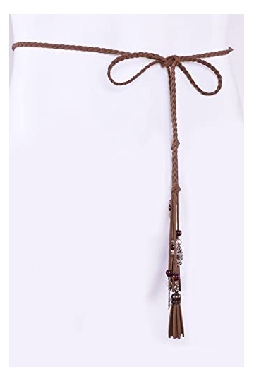 Ceinture Tricotée Fine en Cuir PU avec Franges et Perles Accessoire Rétro pour Femmes café 