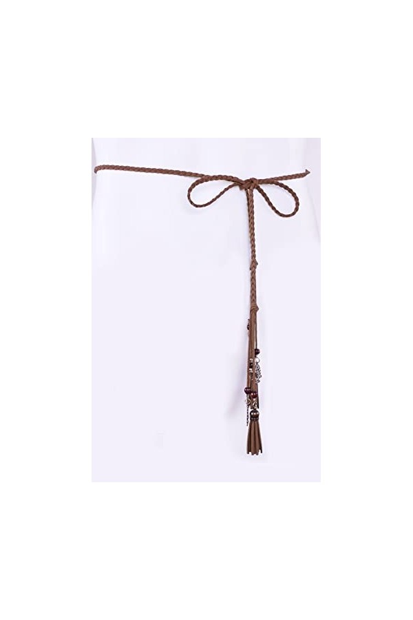 Ceinture Tricotée Fine en Cuir PU avec Franges et Perles Accessoire Rétro pour Femmes café 