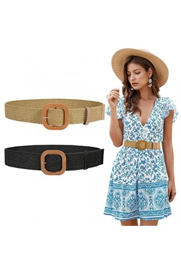 WERFORU Lot de 2 ceintures élastiques tissées en paille pour femme, larges tressées avec boucle de style en bois, D-noir+kaki