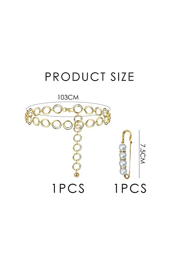 PFLYPF 1 chaîne de taille en métal, 1 broche en perles, ceinture vintage tendance pour femme, chaîne de taille réglable, acce