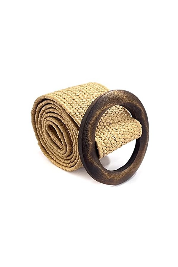 DEEDPF Ceinture élastique en paille, ceinture vintage à boucle lisse en bois, ceinture habillée, ceinture en jean, ceinture f