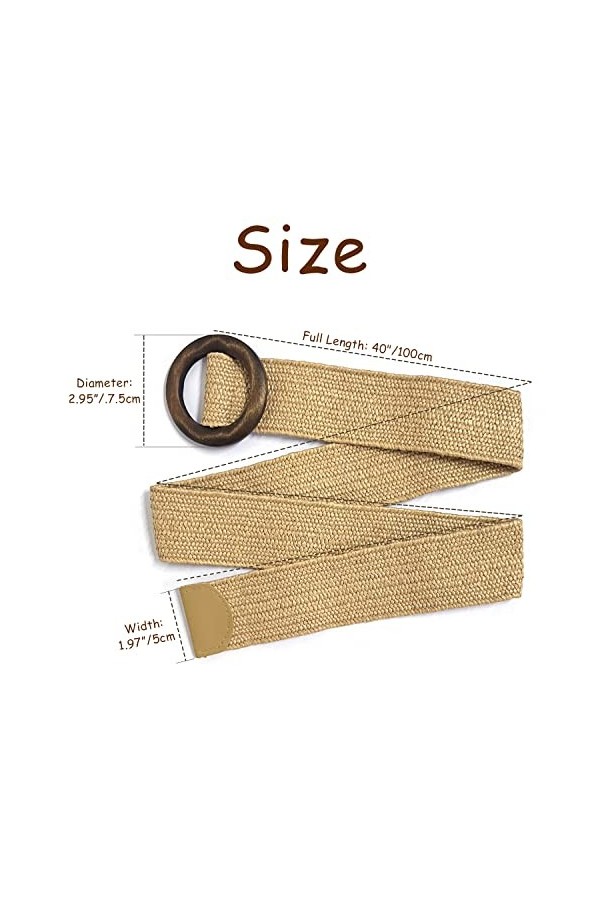 DEEDPF Ceinture élastique en paille, ceinture vintage à boucle lisse en bois, ceinture habillée, ceinture en jean, ceinture f
