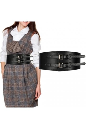 Ceinture Femme Large pour Robe de 7 cm Large avec 2 Boucles Métal, Ceinture Taille Haute Femme Vintage en Cuir Noir,Ceinture 