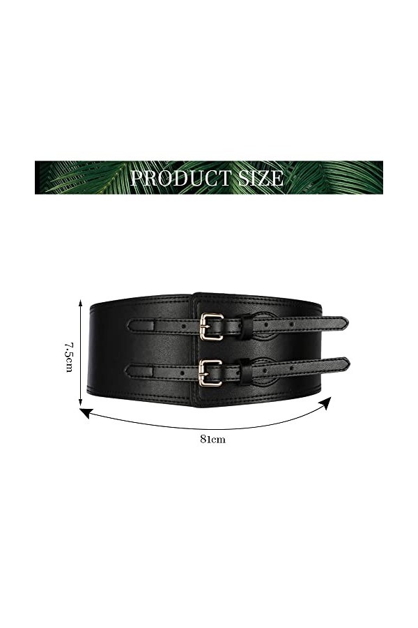 Ceinture Femme Large pour Robe de 7 cm Large avec 2 Boucles Métal, Ceinture Taille Haute Femme Vintage en Cuir Noir,Ceinture 