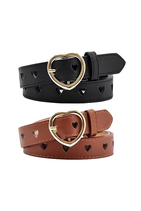 Alicer Ceinture en cuir réglable pour femme - Avec boucle en métal - Pour pantalon de jeans - Largeur : 105 cm - Noir + marro