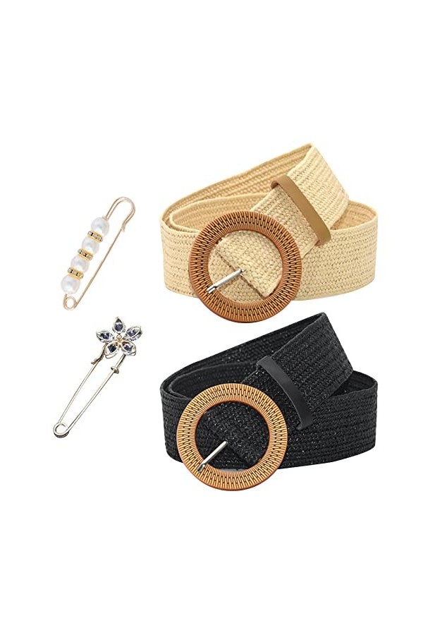 VEGCOO Ceinture Large Femme, 2 Pièces Ceinture en Paille Tissée Femme 96cm/38in*5cm/2in, Élastique Ceinture Taille Haute Femm