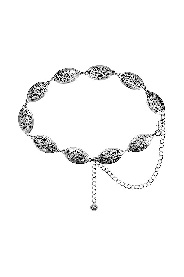 WLLHYF Ceinture à chaîne en métal pour femme, ceinture à chaîne ovale occidentale réglable pour robes, jeans, cowgirl occiden