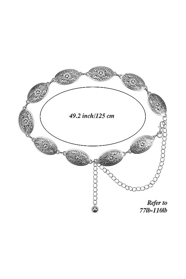 WLLHYF Ceinture à chaîne en métal pour femme, ceinture à chaîne ovale occidentale réglable pour robes, jeans, cowgirl occiden