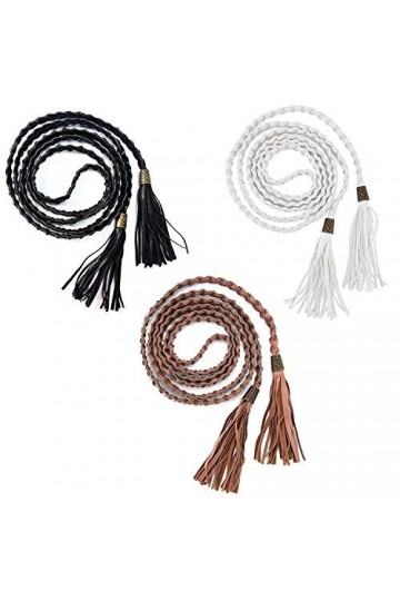 PPX 3 Pièces Ceinture Fine Tressée Corde en Faux Cuir avec Franges Style Ethnique Femme Fille Noir Blanc Gris