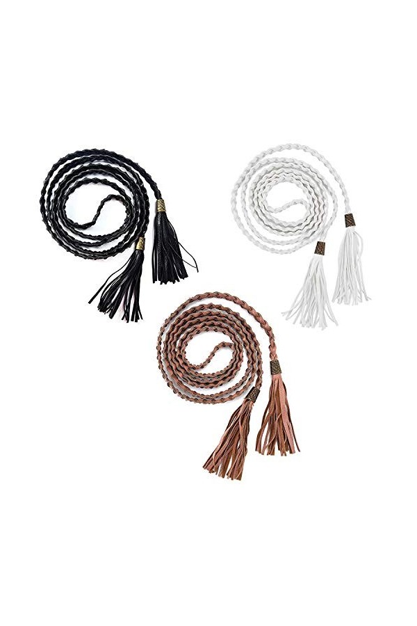 PPX 3 Pièces Ceinture Fine Tressée Corde en Faux Cuir avec Franges Style Ethnique Femme Fille Noir Blanc Gris