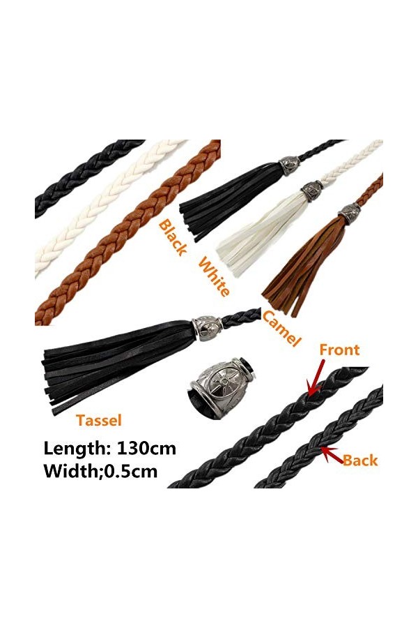 PPX 3 Pièces Ceinture Fine Tressée Corde en Faux Cuir avec Franges Style Ethnique Femme Fille Noir Blanc Gris