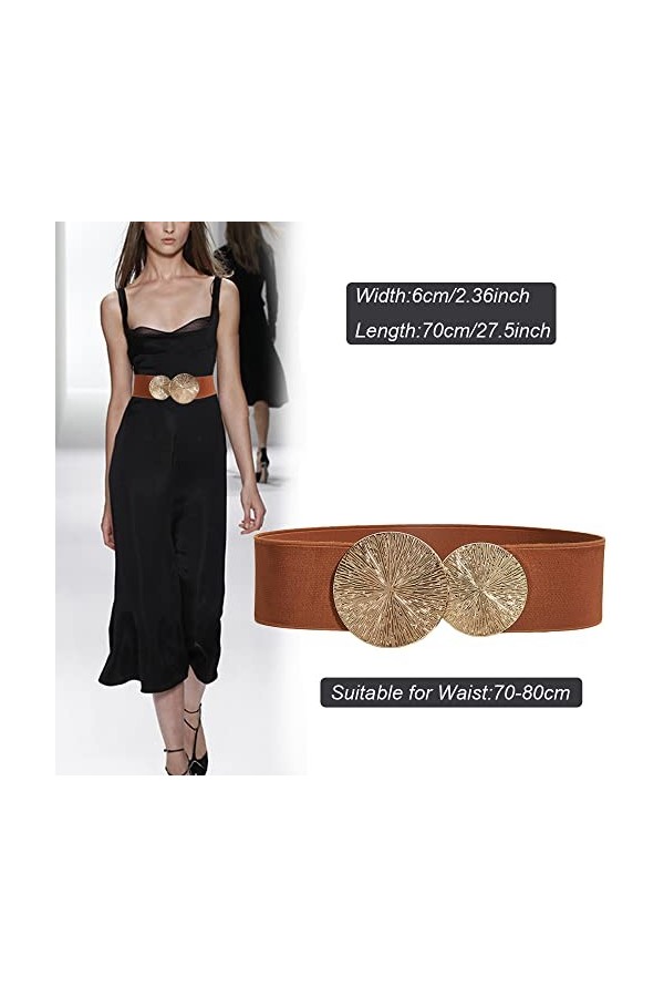 Weenkeey Ceinture élastique vintage pour femme - Ceinture large avec double boucle ronde pour robe, chemise, manteau - Marron