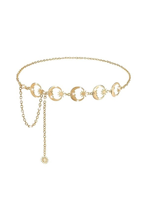 TBSCWYF Ceinture Femme Robe en Métal Or Argent Ceinture forme Cœur Étoile Lune Réglable avec Chaîne Paillettes Fleur de Solei